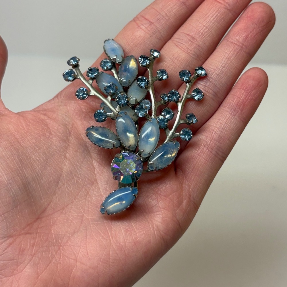 Vintage Silver Tone Blue Rhinestone Faux Opal Floral Spray Brooch